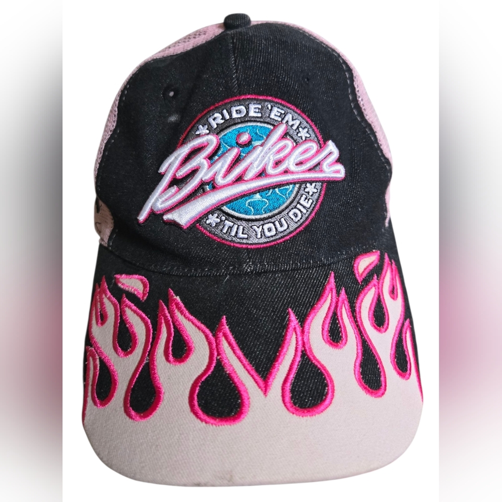 Biker Womens Baseball Hat "Ride 'Em Til You Die" Flames Adjustable Harley Pink